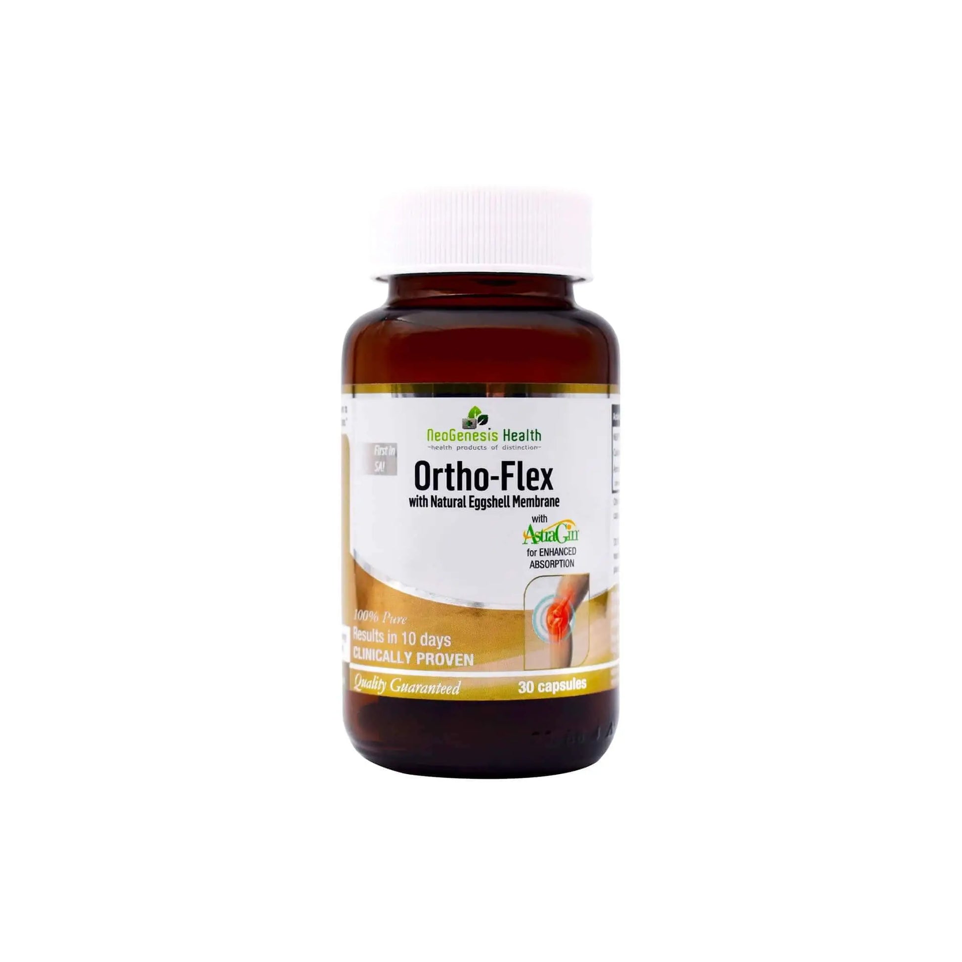 NeoGenesis Ortho-Flex supplement bottle for joint support and mobility, containing 30 capsules with collagen peptides.