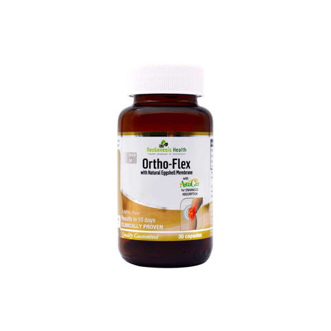 NeoGenesis Ortho-Flex supplement bottle for joint support and mobility, containing 30 capsules with collagen peptides.