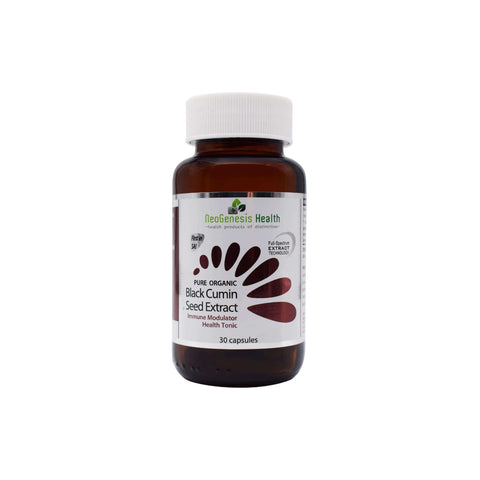 NeoGenesis Pure Organic Black Cumin Seed Extract bottle, 30 capsules for immune support and inflammation relief.
