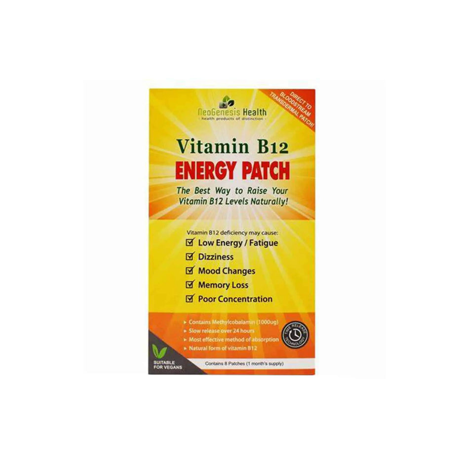 NeoGenesis Vitamin B12 Energy Patch packaging highlighting benefits and content of 1000mcg of methylcobalamin.