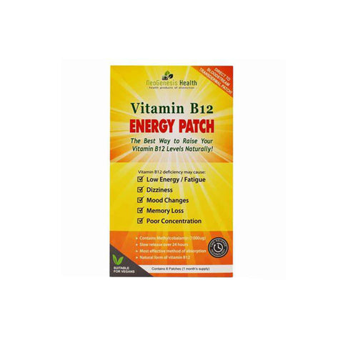 NeoGenesis Vitamin B12 Energy Patch packaging highlighting benefits and content of 1000mcg of methylcobalamin.
