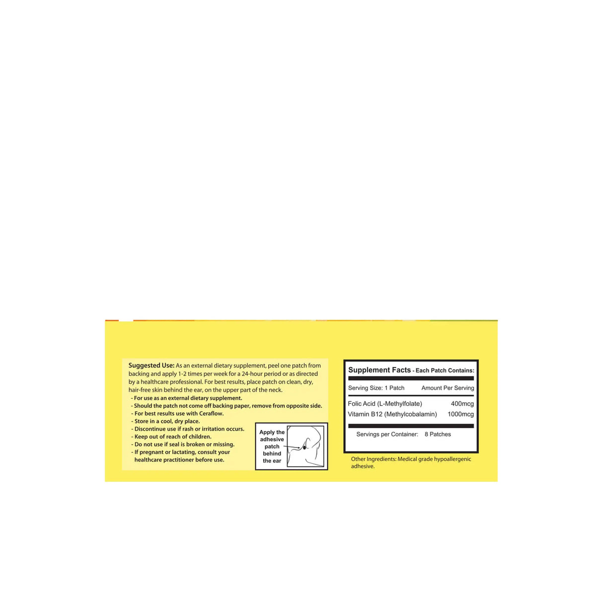 NeoGenesis Vitamin B12 Energy Patch supplement facts and usage instructions on packaging.