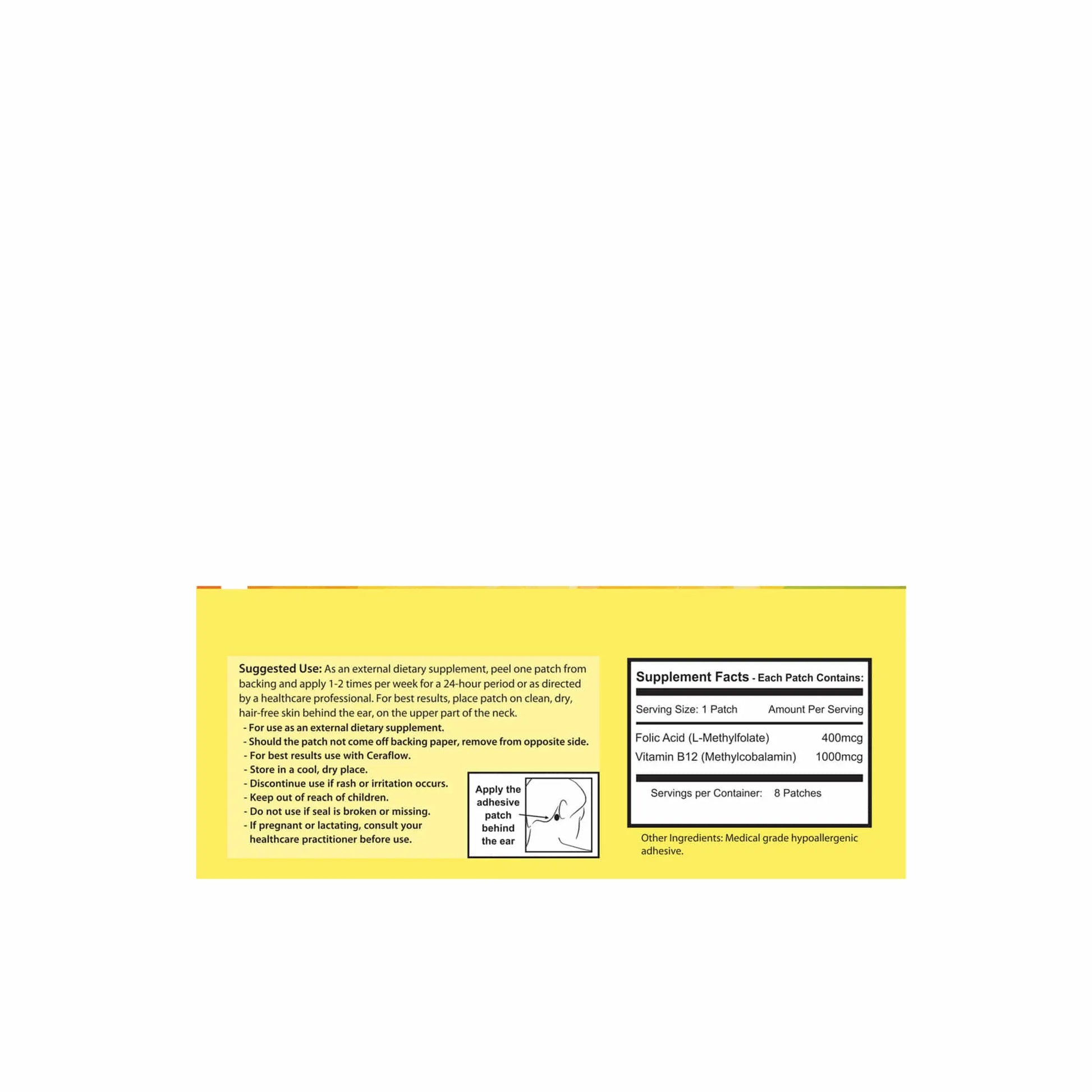Supplement facts panel for NeoGenesis vitamin D3 transdermal patch, detailing ingredients and usage instructions.