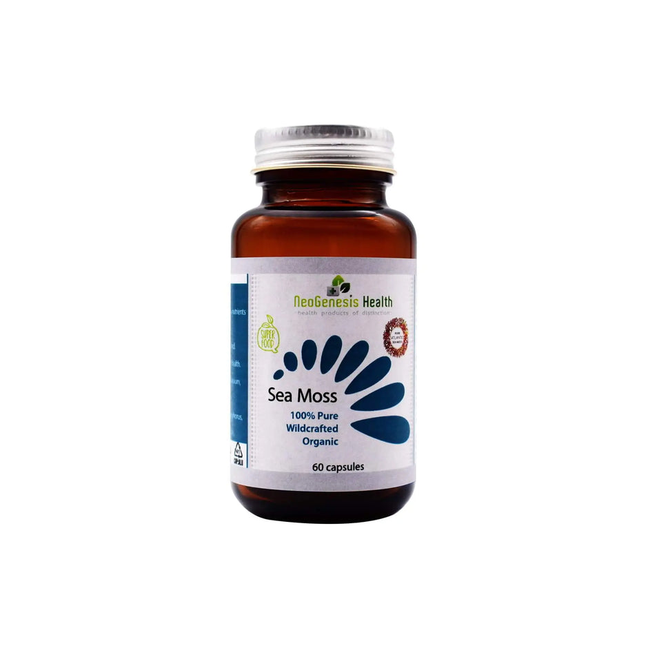 Neogenesis Sea Moss capsules in a brown bottle, 100% pure organic superfood for enhanced health benefits.