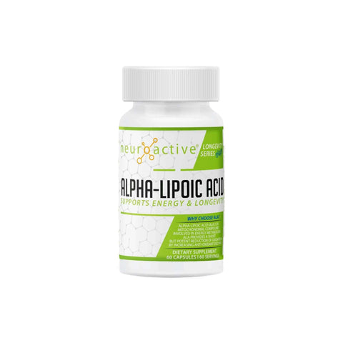 NeuroActive Alpha-Lipoic Acid supplement bottle, supports energy metabolism and longevity, 60 capsules.