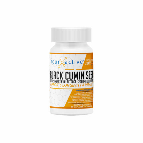 NeuroActive Black Cumin Seed 10:1 extract bottle, supports immune health and longevity, 60 capsules dietary supplement.