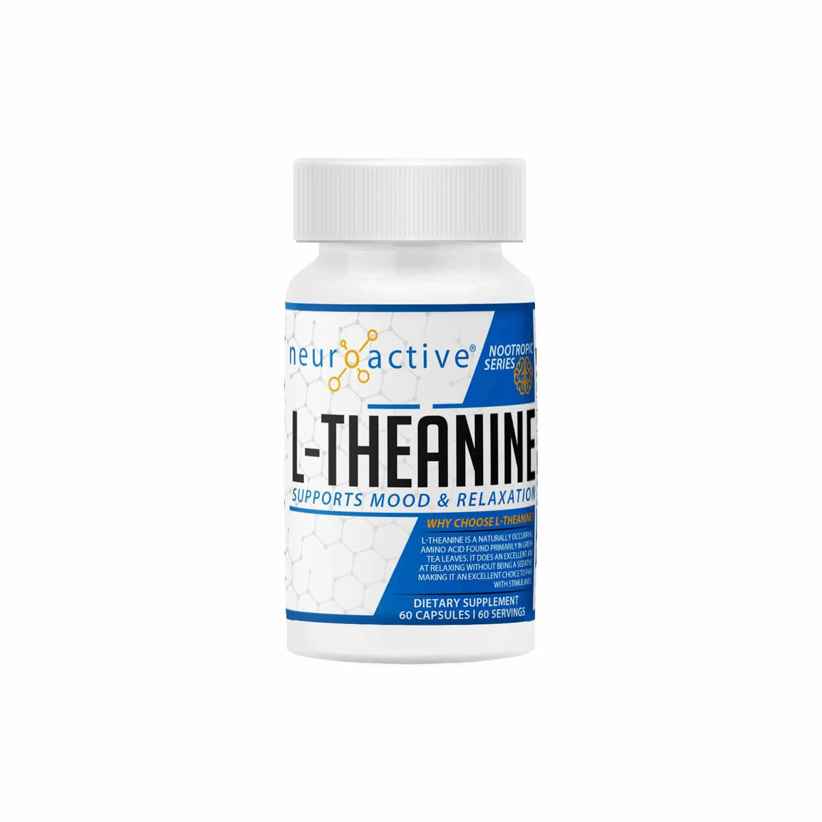 NeuroActive L-Theanine supplement bottle, 60 capsules for mood support and relaxation.