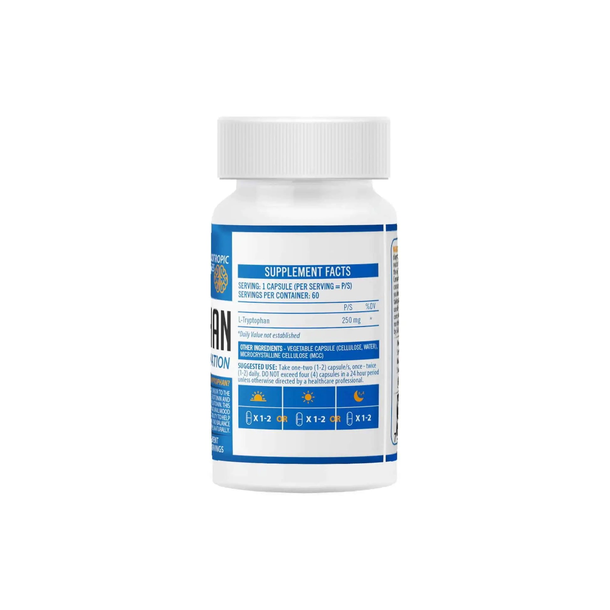 NeuroActive L-Tryptophan supplement bottle showcasing supplement facts and dosage information on the label.