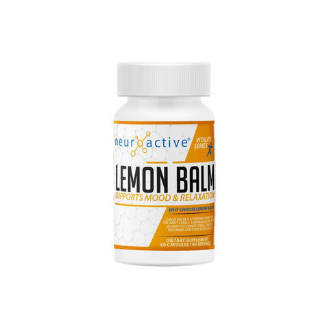 NeuroActive Lemon Balm supplement bottle supports mood and relaxation, featuring 60 capsules for cognitive health.