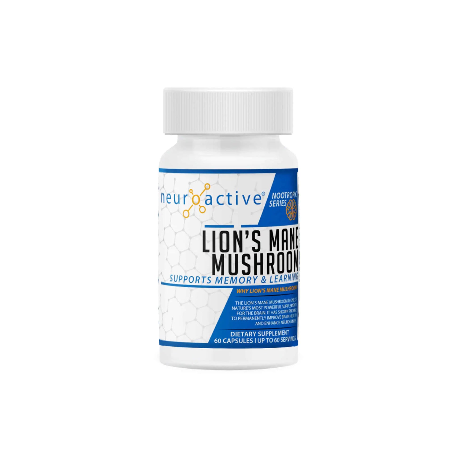 NeuroActive Lion's Mane Mushroom supplement bottle promoting cognitive support and memory enhancement.