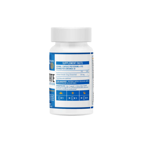 NeuroActive Lithium Orotate dietary supplement bottle for mood support and relaxation, containing 60 capsules.