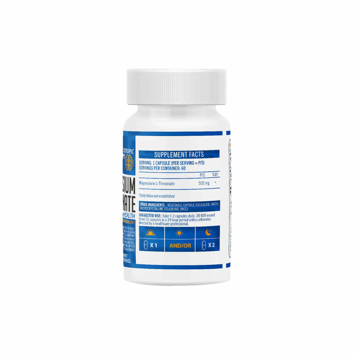 NeuroActive Magnesium L-Threonate supplement bottle with detailed label and serving facts for brain health support.