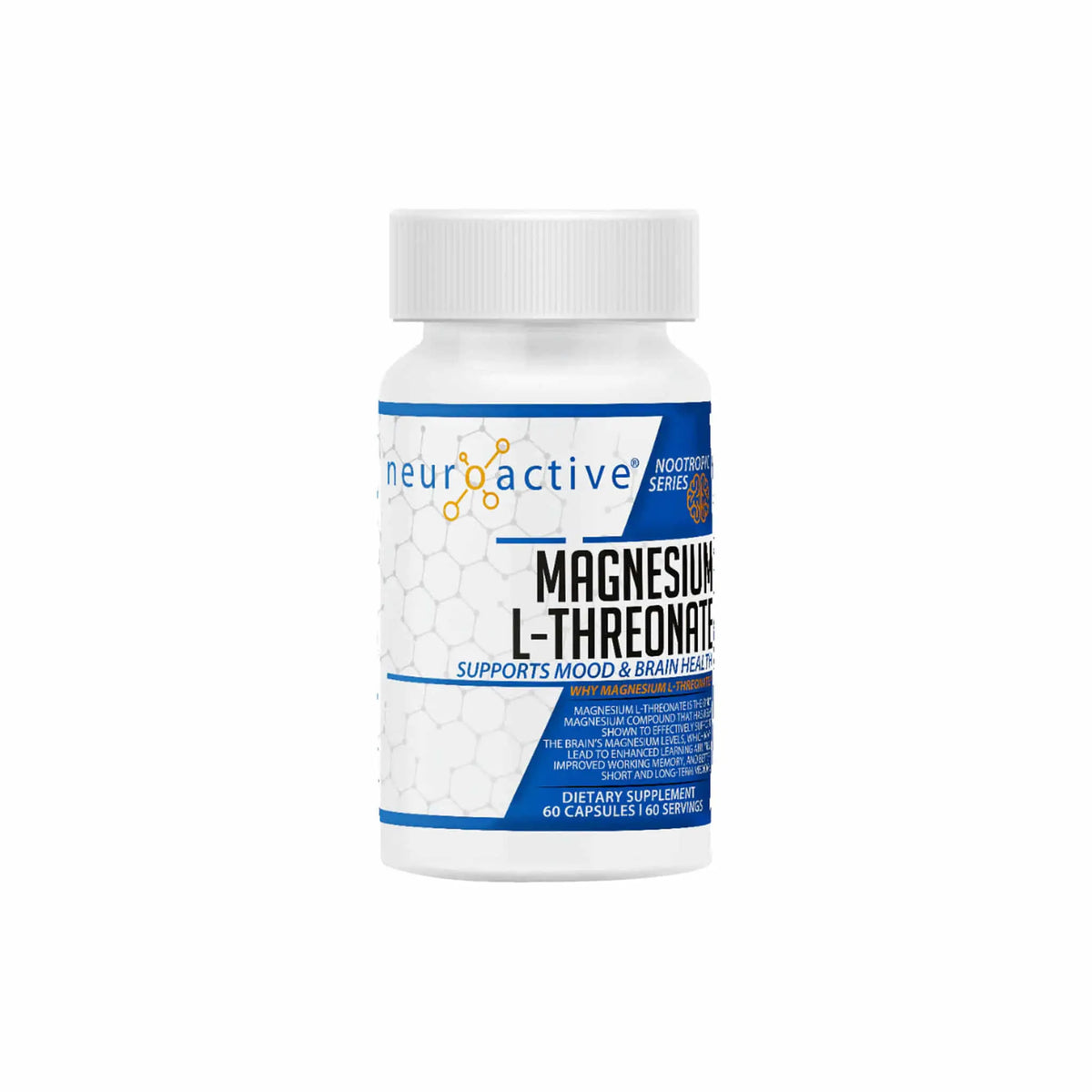 NeuroActive Magnesium L-Threonate supplement bottle for brain health and mood support, 60 capsules.
