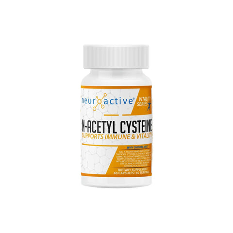 NeuroActive N-Acetyl Cysteine supplement bottle, promotes immune support and vitality, contains 66 capsules.