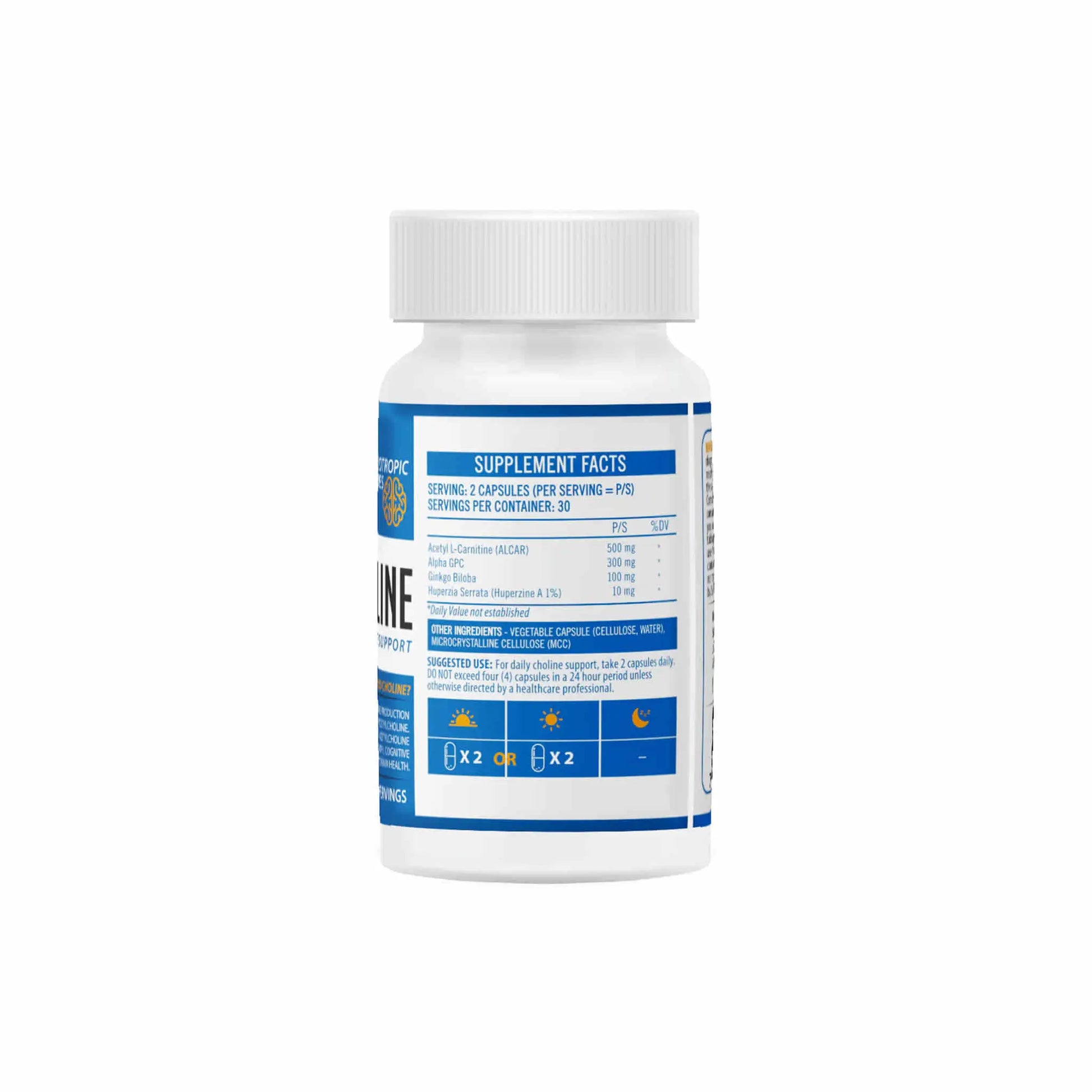 NeuroActive Neuro Choline supplement bottle with detailed nutrition facts and serving information.