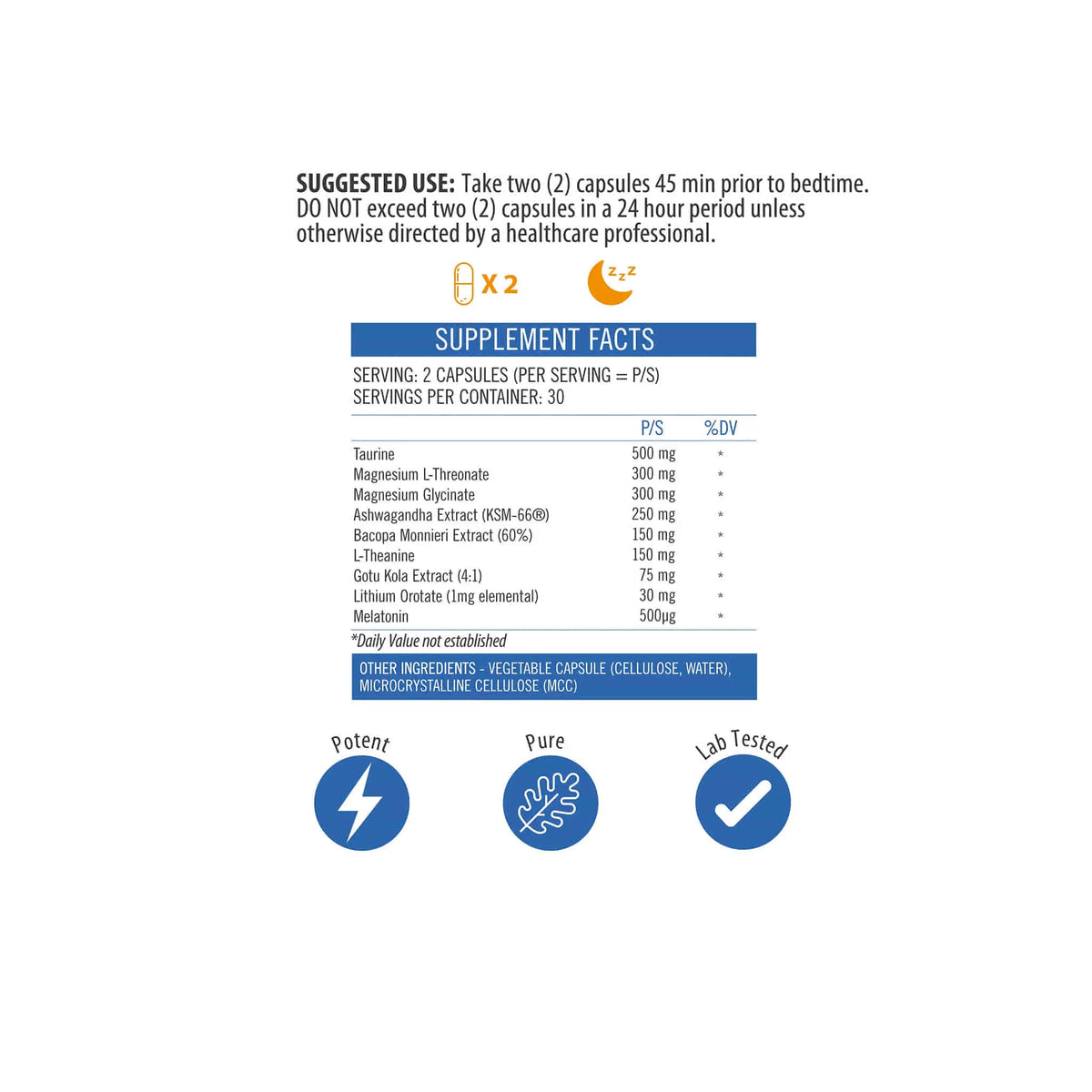 Supplement facts for NeuroActive Neuro Night showcasing ingredients and usage directions for better sleep support.