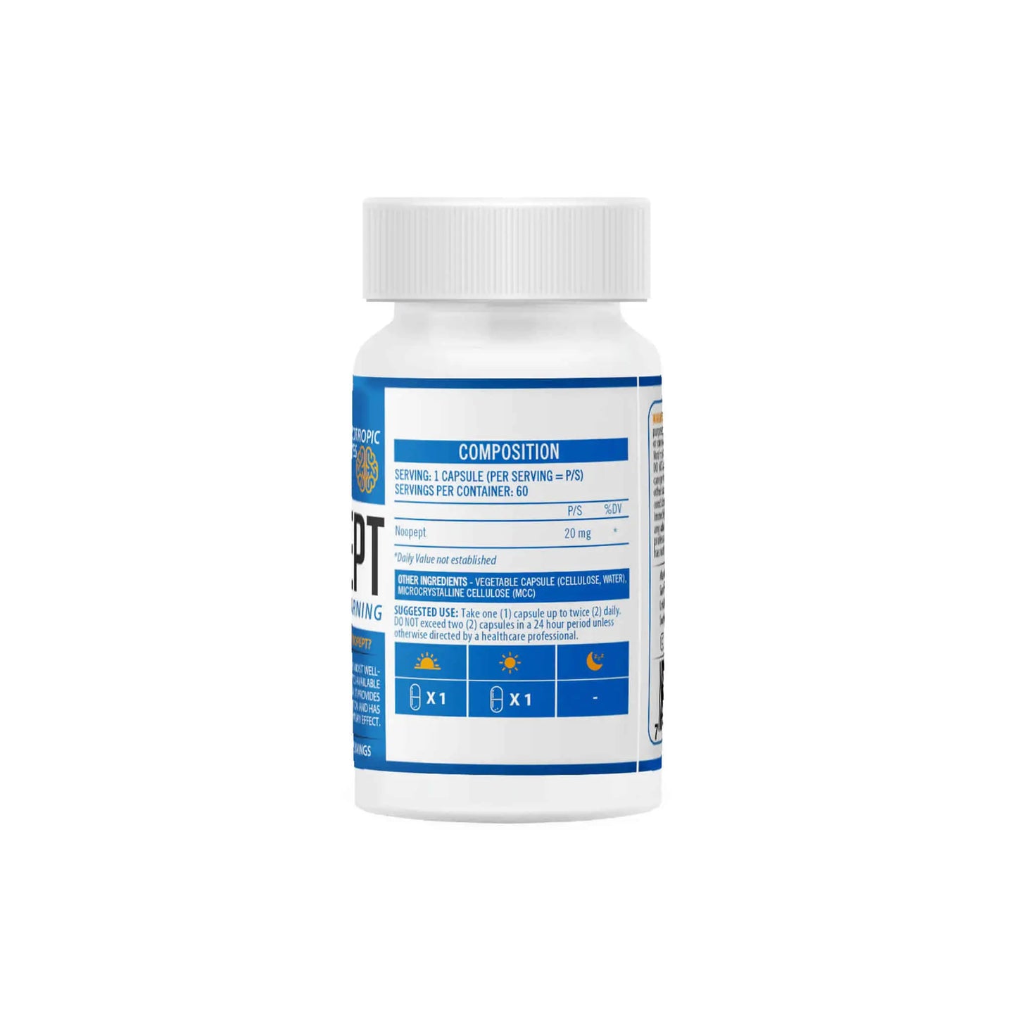 NeuroActive Noopept bottle showing supplement facts and directions for use on a white background.