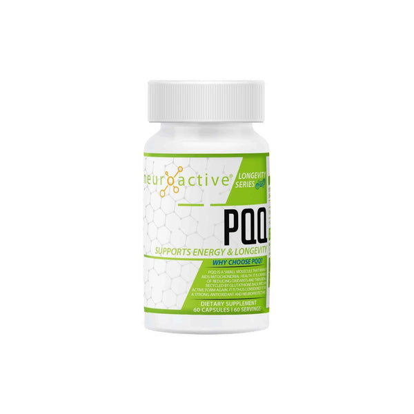 NeuroActive PQQ dietary supplement bottle, supports energy and longevity, 60 capsules.