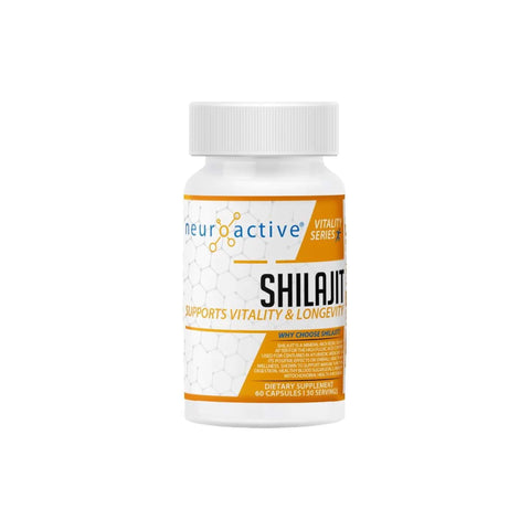 NeuroActive Shilajit supplement bottle, supports vitality and longevity with 66 capsules.