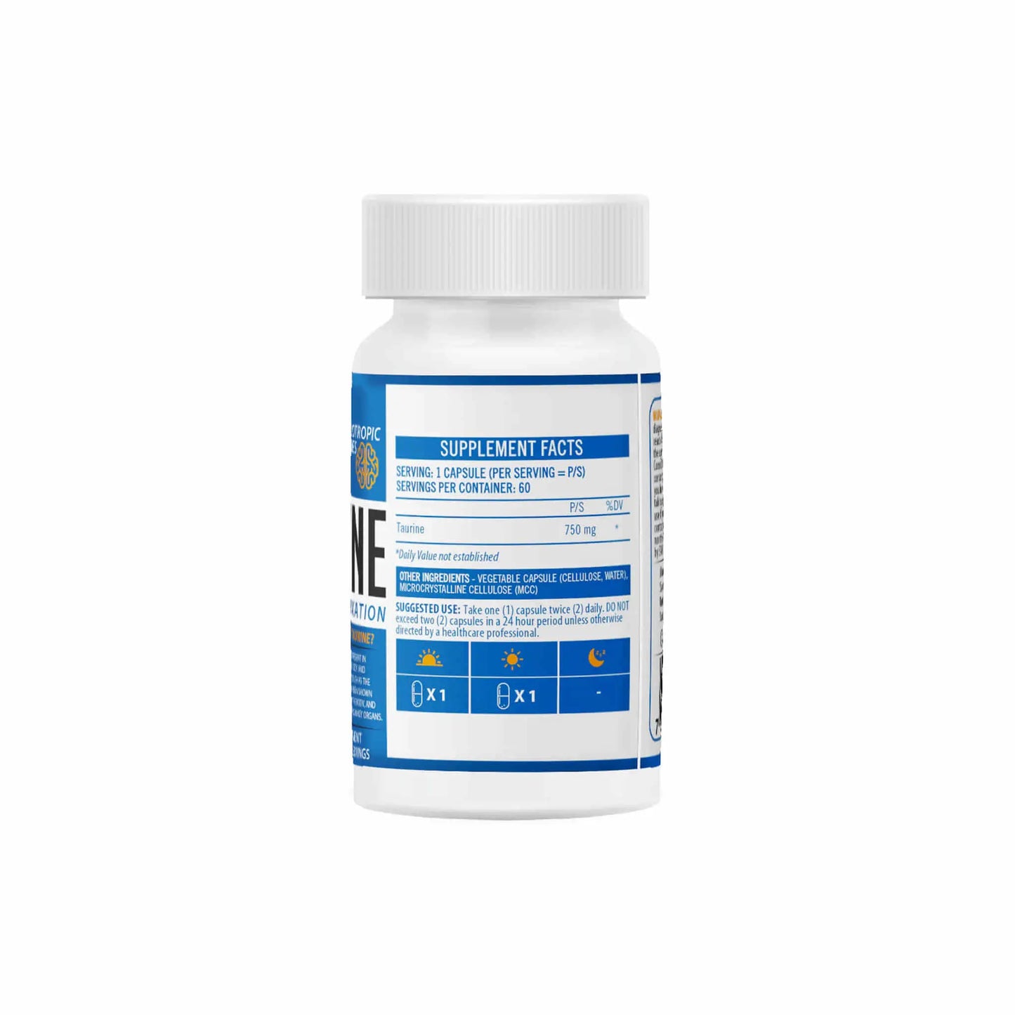 NeuroActive Taurine supplement bottle showcasing 750 mg dosage and supplement facts label for brain and heart health.