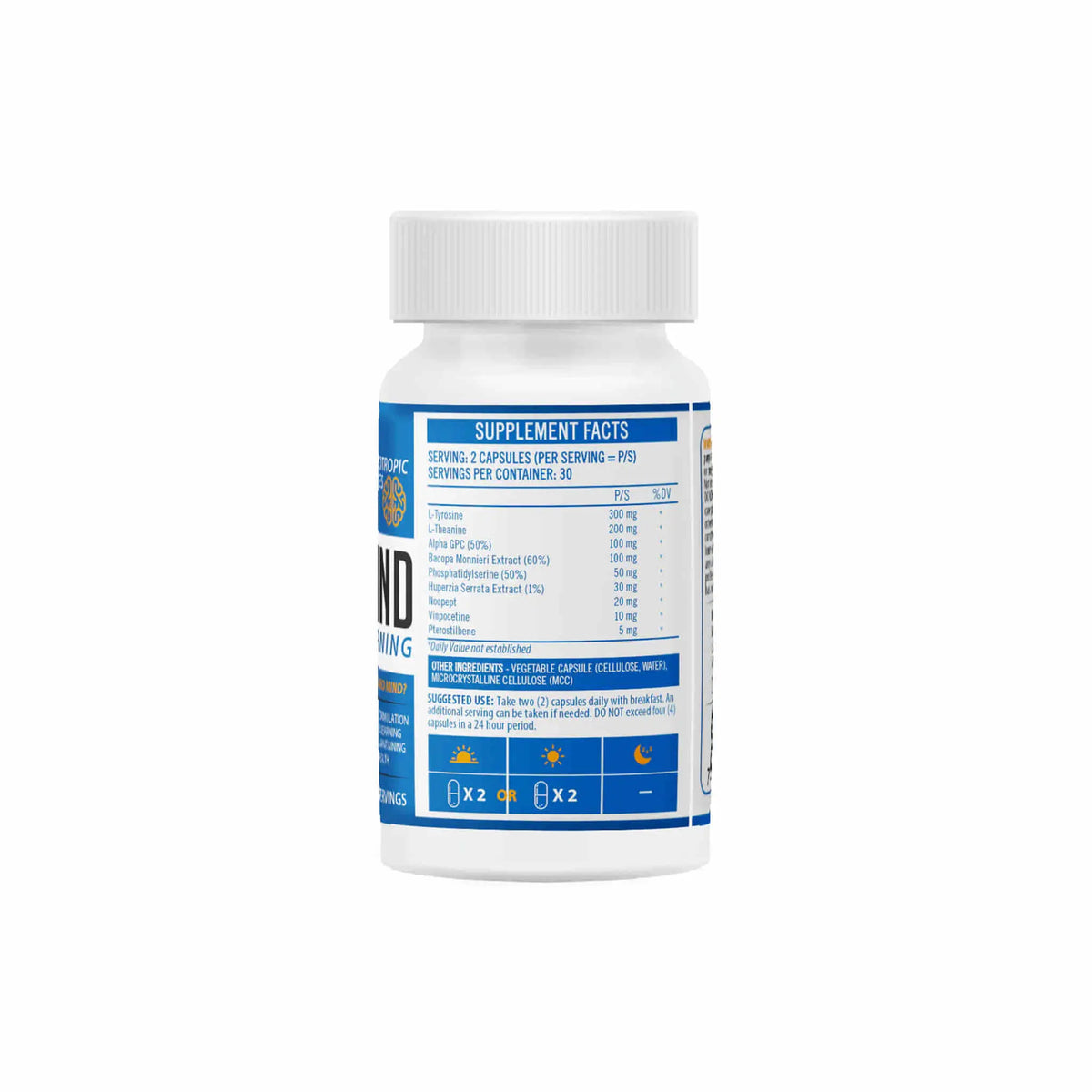NeuroActive Neuro Mind nootropic supplement bottle with supplement facts and usage instructions displayed on the label.