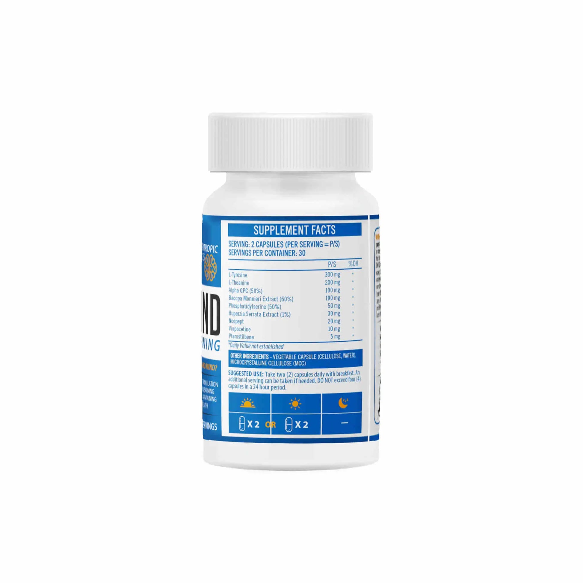 NeuroActive Neuro Mind nootropic supplement bottle with supplement facts and usage instructions displayed on the label.