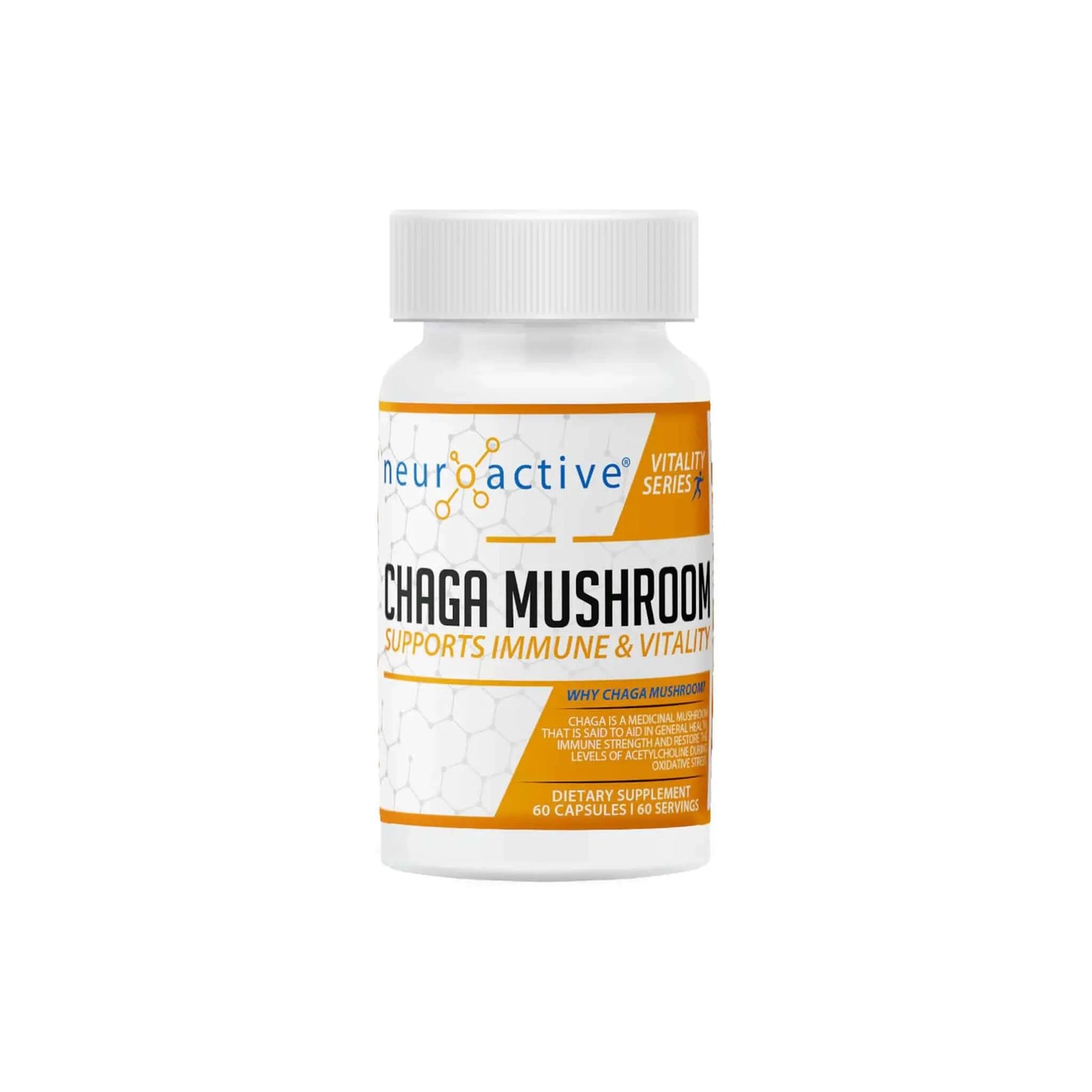 NeuroActive Chaga Mushroom supplement bottle, supports immune health and vitality with 66 capsules.