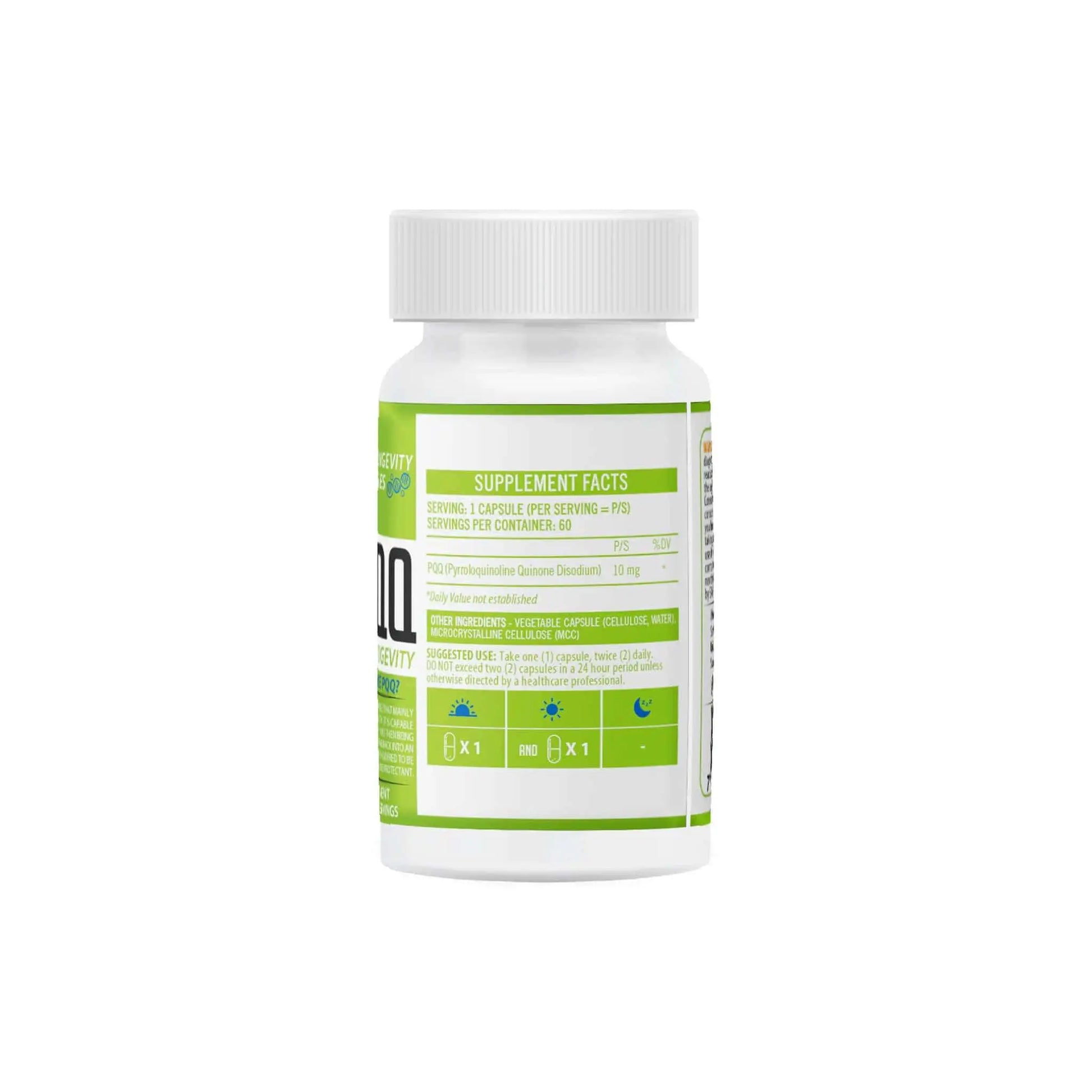 NeuroActive PQQ supplement bottle showing nutrition facts and serving information for mitochondrial health support.