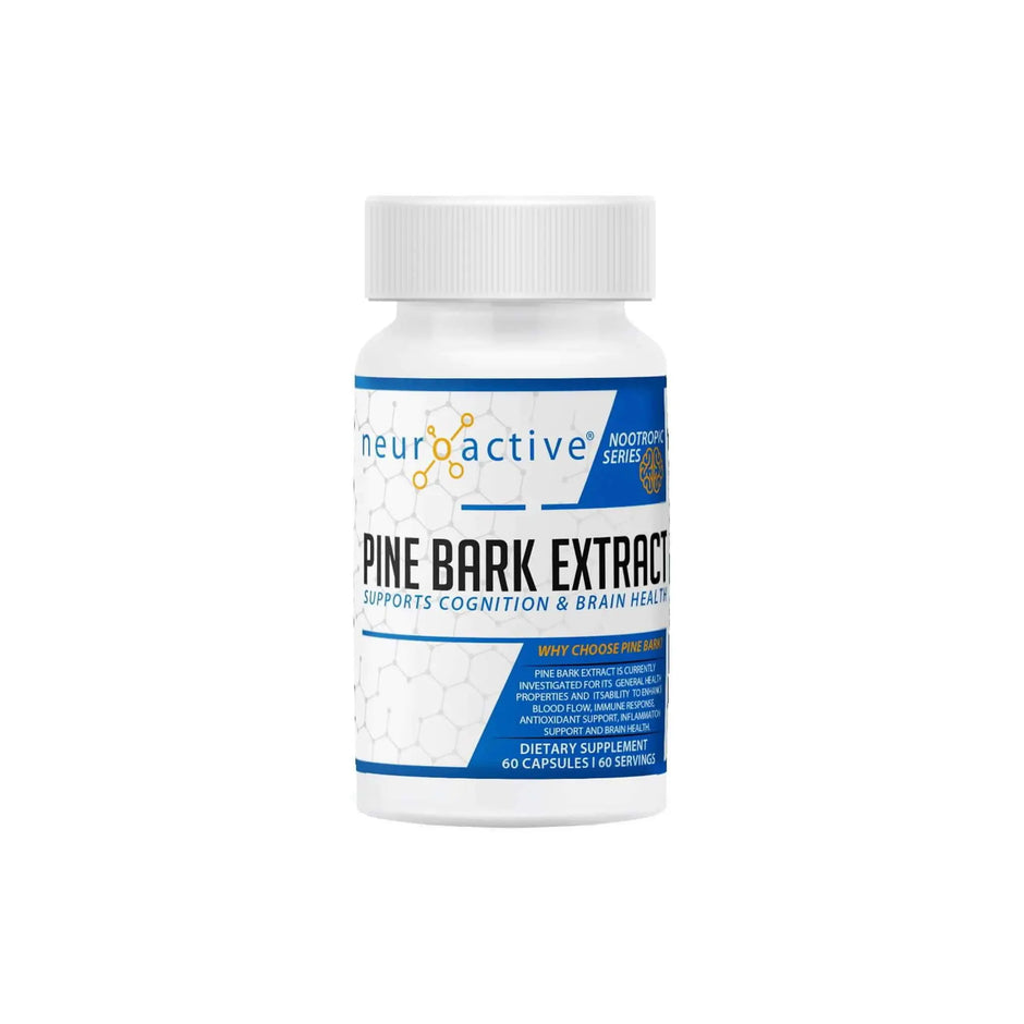 NeuroActive Pine Bark Extract supplement bottle promoting brain health and cognitive support, 60 capsules.
