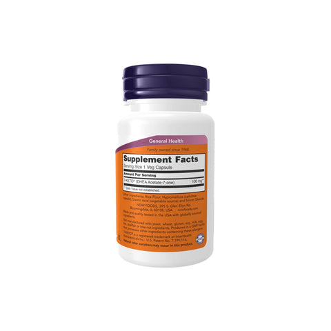 Now Foods 7-Keto 100mg dietary supplement bottle for weight management and thermogenesis support, featuring 60 veg capsules.