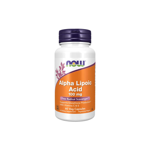 Now Foods Alpha Lipoic Acid 100 mg supplement bottle, 60 vegetarian capsules for antioxidant support.