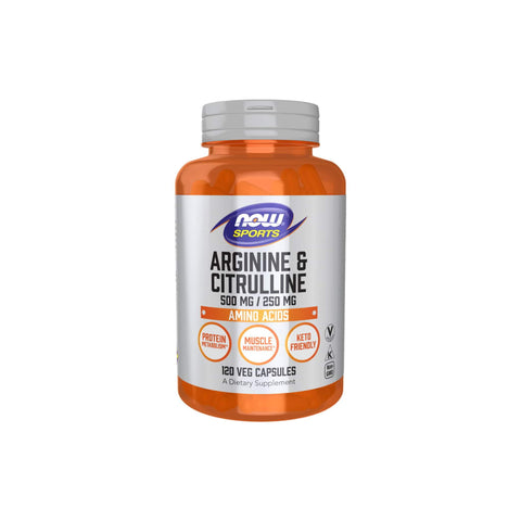 Now Foods Arginine & Citrulline dietary supplement, 120 veg capsules, supports protein metabolism and muscle health.