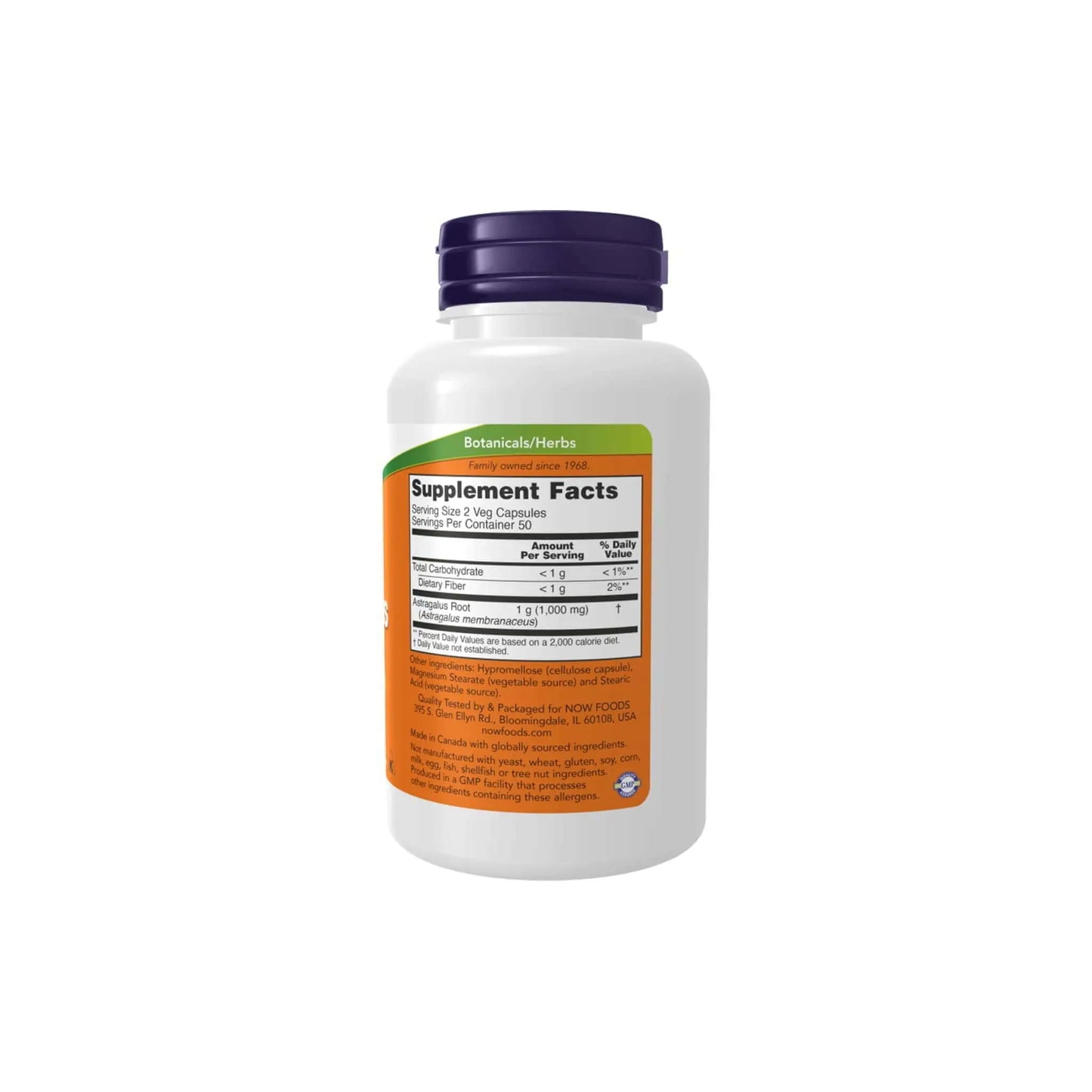 Now Foods Astragalus 500mg supplement bottle with detailed facts for immune support and overall health.