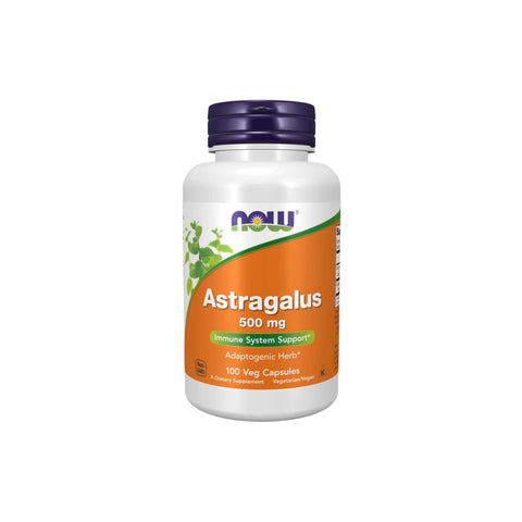 Now Foods Astragalus 500mg supplement bottle for immune system support with 100 vegan capsules.