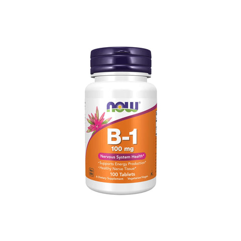 Now Foods B-1 100mg bottle for nervous system health and energy production, 100 vegetarian tablets.