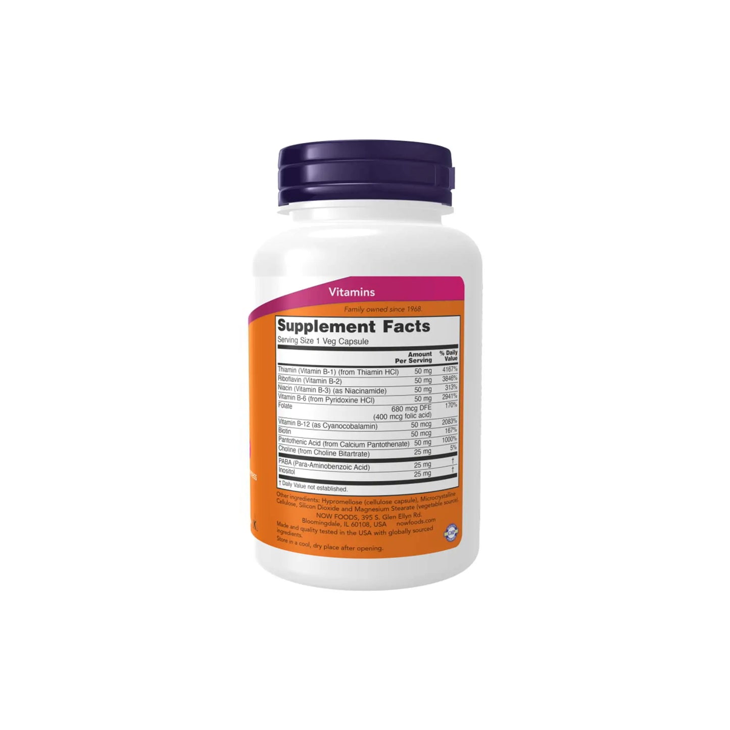 Now Foods B-50 supplement bottle showing supplement facts and ingredients for energy and nervous system support.