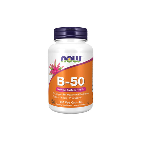 NOW Foods B-50 caps for energy support and nervous system health, 100 vegetable capsules, dietary supplement.
