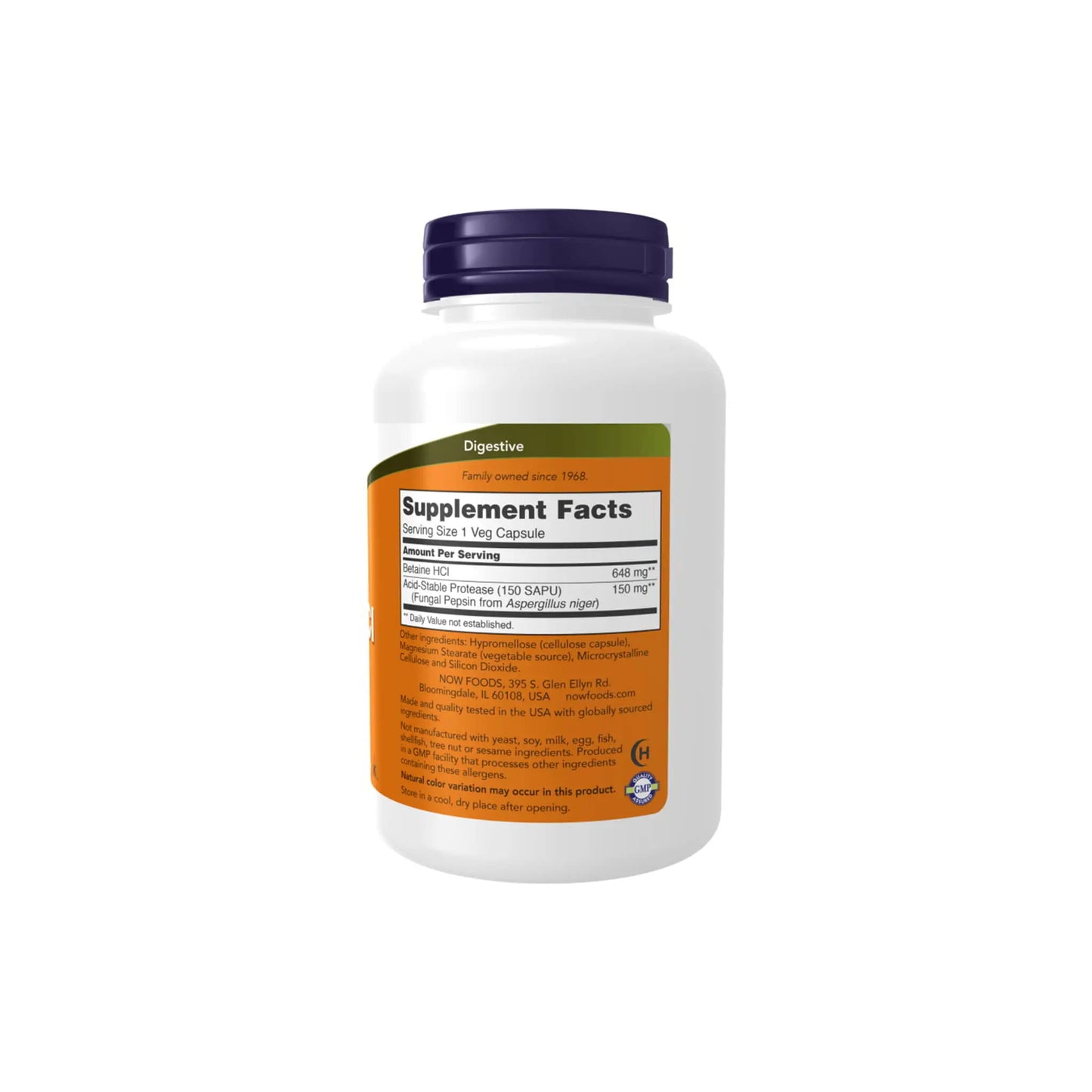 NOW® Betaine HCl capsule bottle with supplement facts label for digestive support.