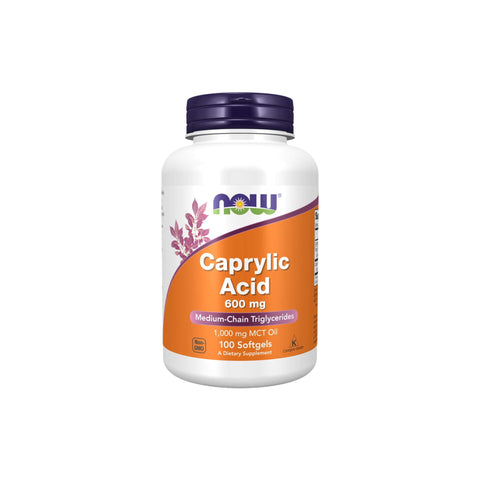 NOW Caprylic Acid 600mg softgel bottle, medium-chain triglycerides supplement for urinary tract health.