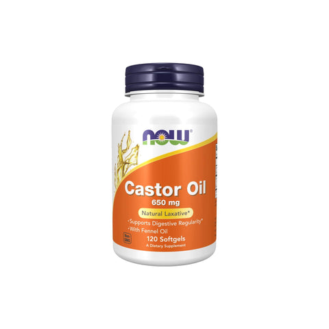 Now Foods Castor Oil Softgels 650mg bottle, natural laxative supplement, supports digestive regularity with fennel oil.