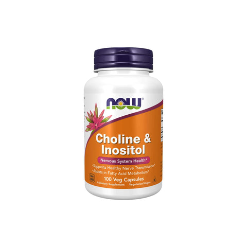 Now Foods Choline & Inositol supplement bottle for healthy nerve transmission and brain health, featuring 100 veg capsules.