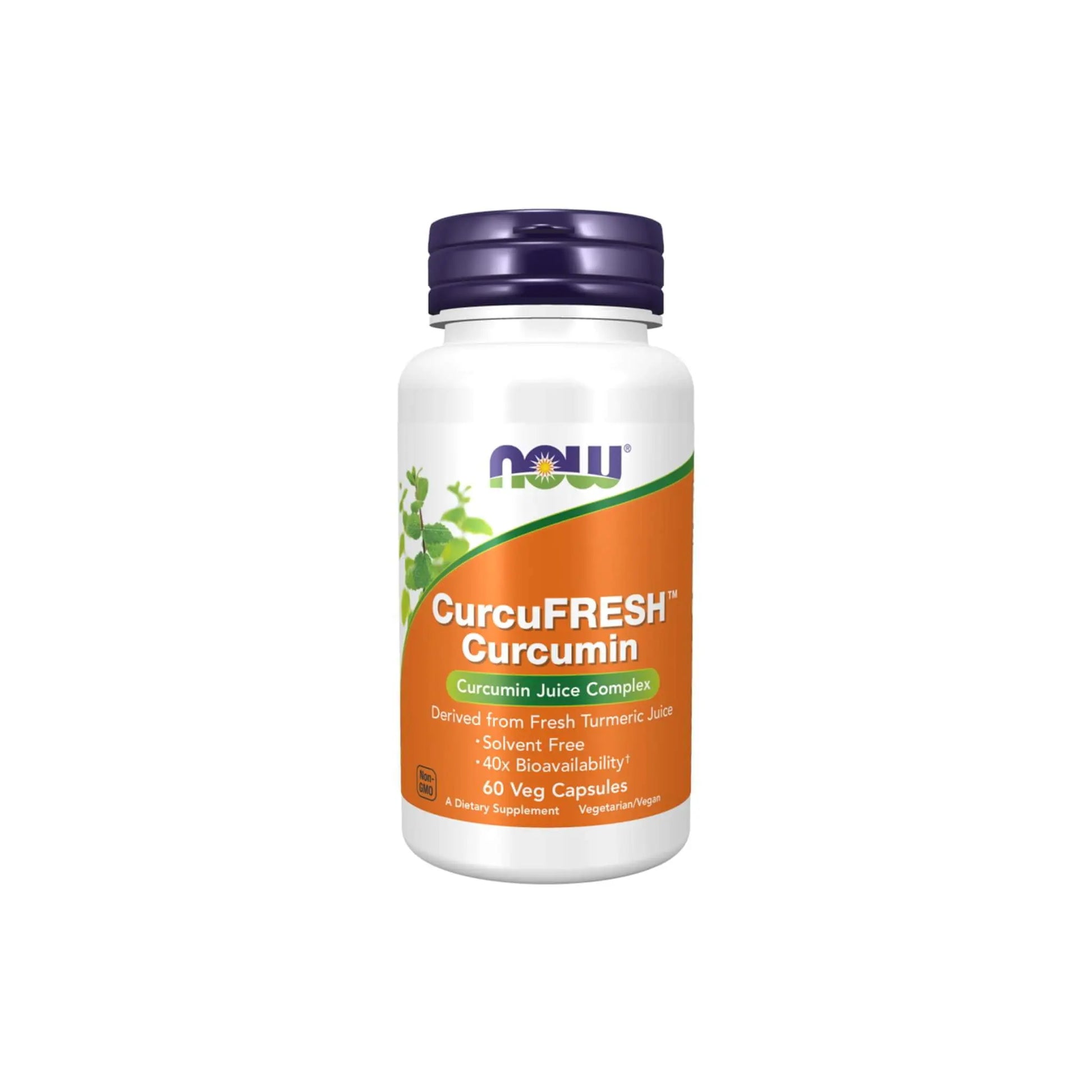 NOW Foods CurcuFRESH Curcumin supplement bottle, 60 veg capsules, derived from fresh turmeric juice.