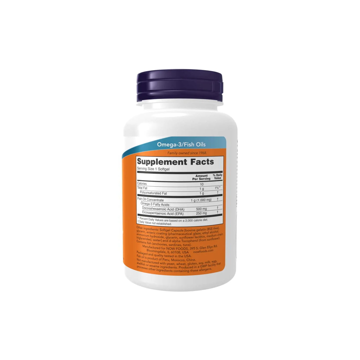 NOW Foods DHA-500 softgel bottle showing supplement facts and nutritional information for omega-3 fish oils.