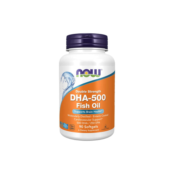 Now Foods DHA-500 fish oil softgel bottle, 500 mg DHA, supports brain health, 90 count, enteric-coated for easy digestion.