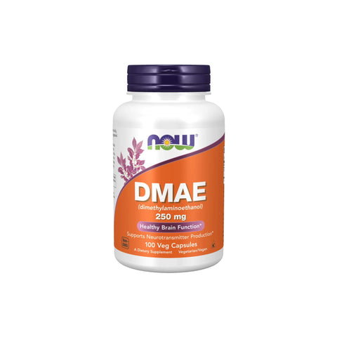 Now Foods DMAE supplement bottle, 250 mg, promotes healthy brain function and supports neurotransmitter production.