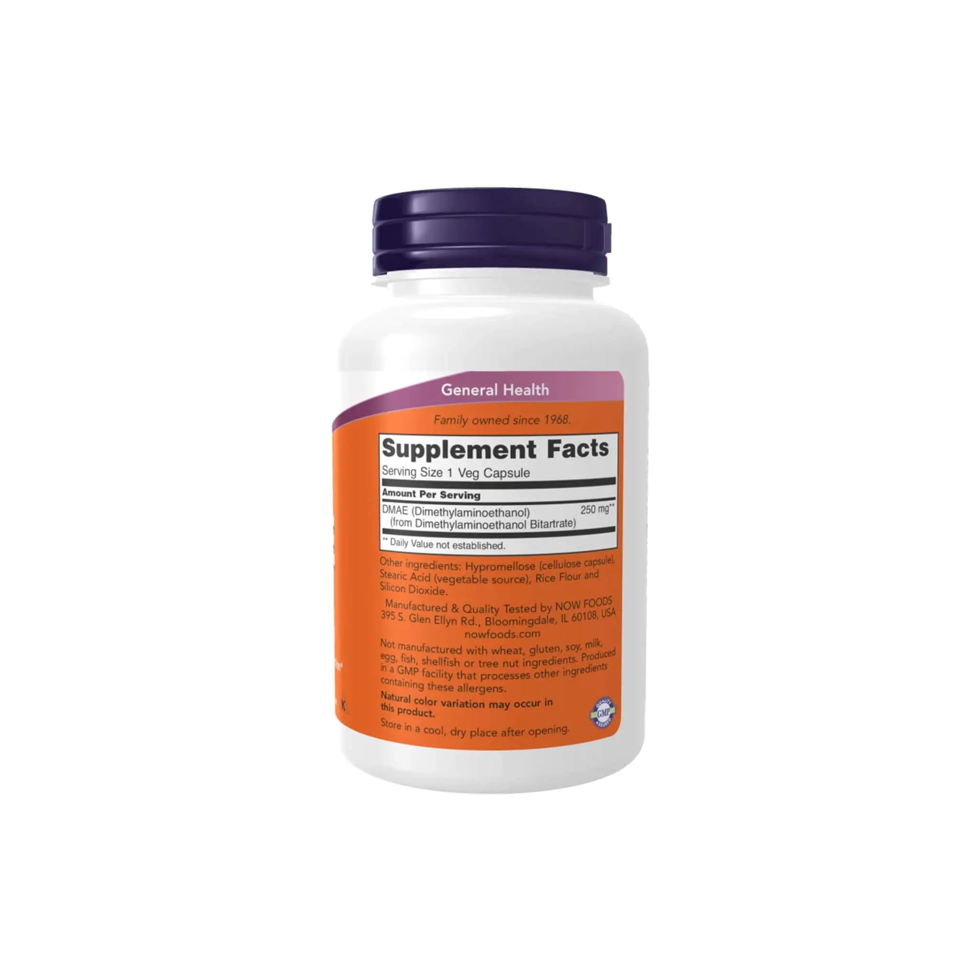 Now Foods DMAE supplement bottle with supplement facts for brain health in a white container.