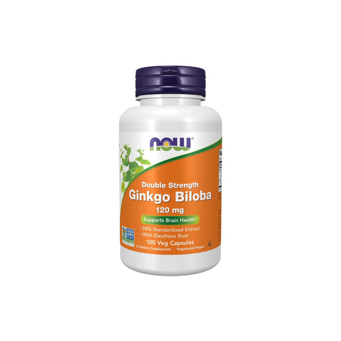 NOW Foods Ginkgo Biloba 120mg supplement bottle, supports brain health with standardized extract and 100 veg capsules.