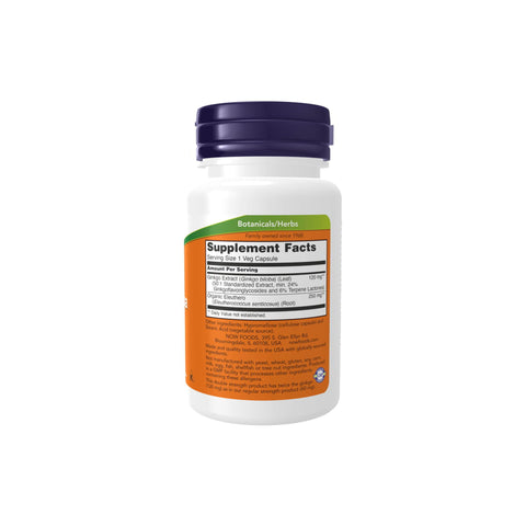 NOW Foods Ginkgo Biloba 120mg supplement bottle, supports brain health with standardized extract and 100 veg capsules.