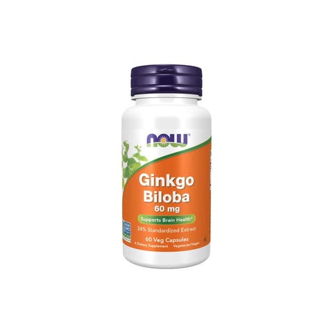 Now Foods Ginkgo Biloba 60mg supplement bottle with 24% standardized extract for brain health support.