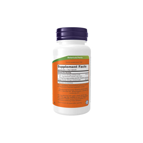 Now Foods Ginkgo Biloba 60mg supplement bottle with 24% standardized extract for brain health support.